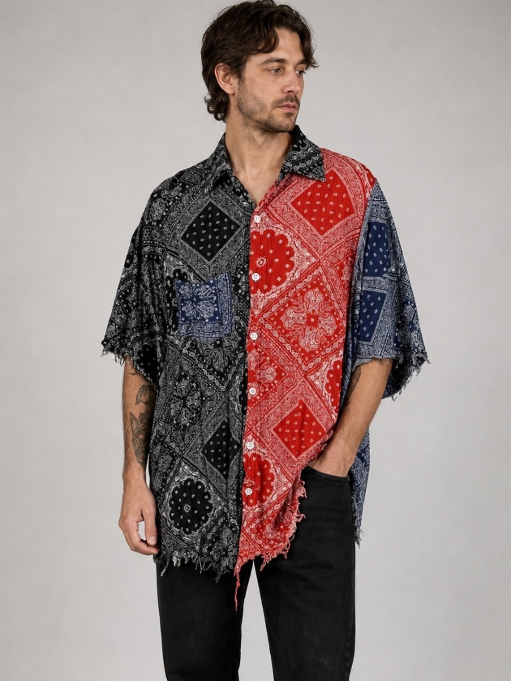 EDEN Distressed Alternative Patchwork Paisley Red Black And Blue Mens Shirt L